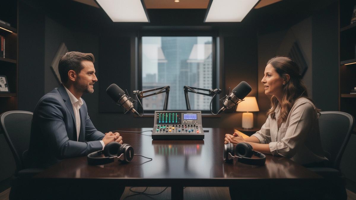 Podcast studio with founder interview setup, microphones and warm professional lighting